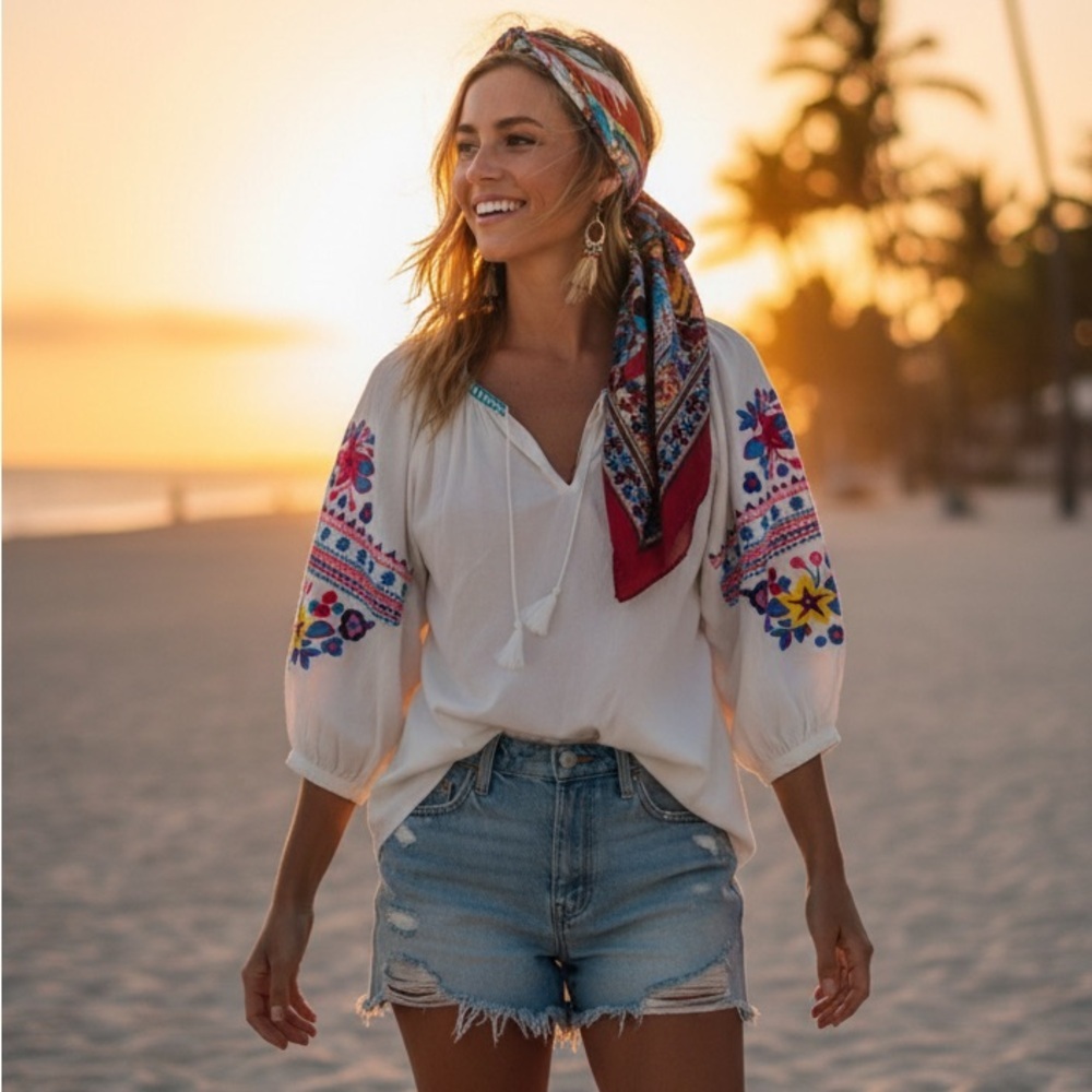 Solitaire White Boho Embroidered Tunic with Multicolor Sleeves